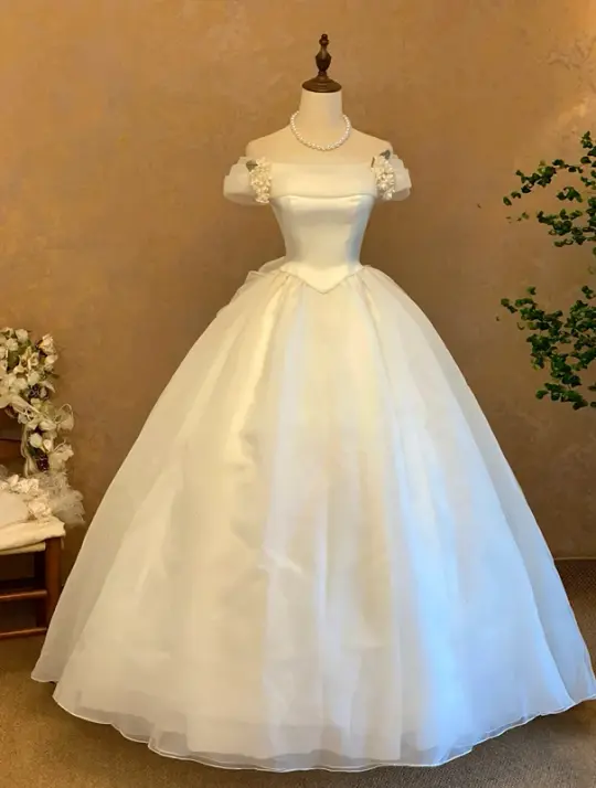 White Off-the-Shoulder Waist-Cinched Puffball Skirt Ball Gown, Bridal Gown R7362