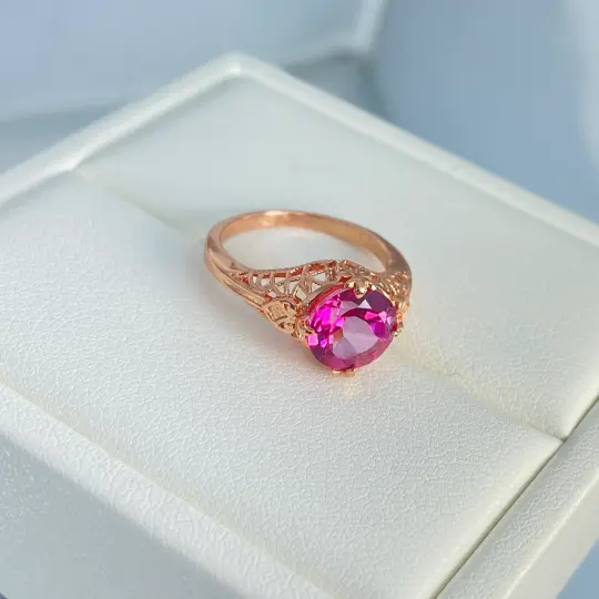Natural Pink Topaz Ring, Size 5, Natural Gemstone, Rose Gold plated, Victorian Jewelry #D162 - Ready to Ship