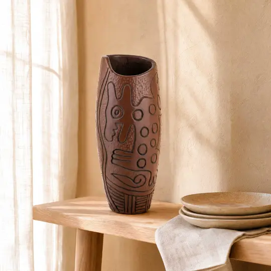 Zinapécuaro Hand-Carved Brown Perrito Vase