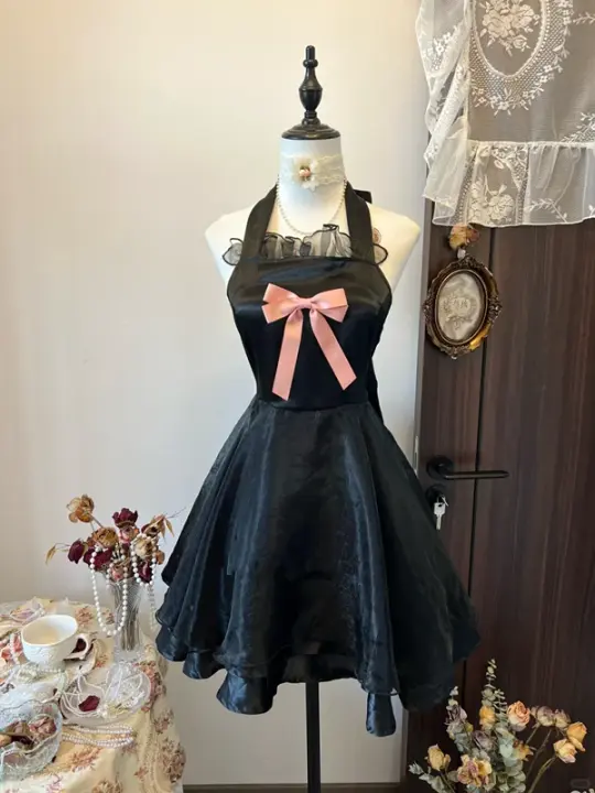Black halter neck slim waist slim fit satin mini skirt homecoming dress R4283