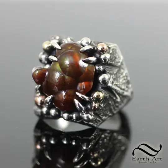 Fire Agate in Rough Signet Ring - Sterling and 14k