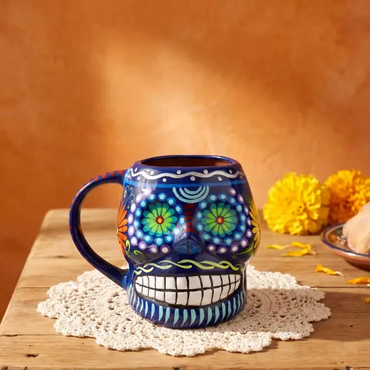 Sugar Skull Hand Painted Xalitla Clay Mug