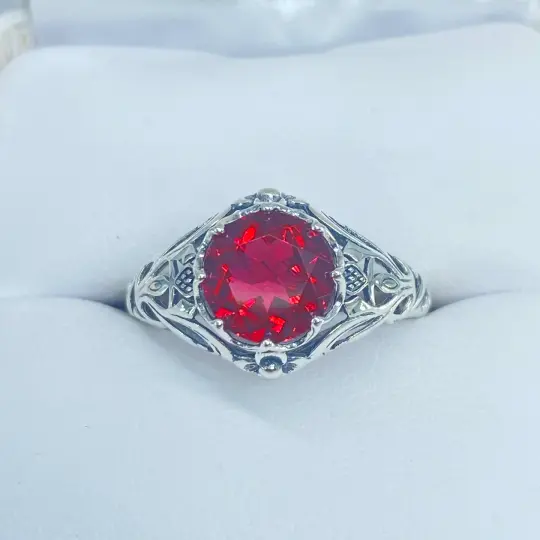 Ruby Ring, Size 4.5, Daisy Filigree, Victorian Jewelry #D66 - Ready to Ship
