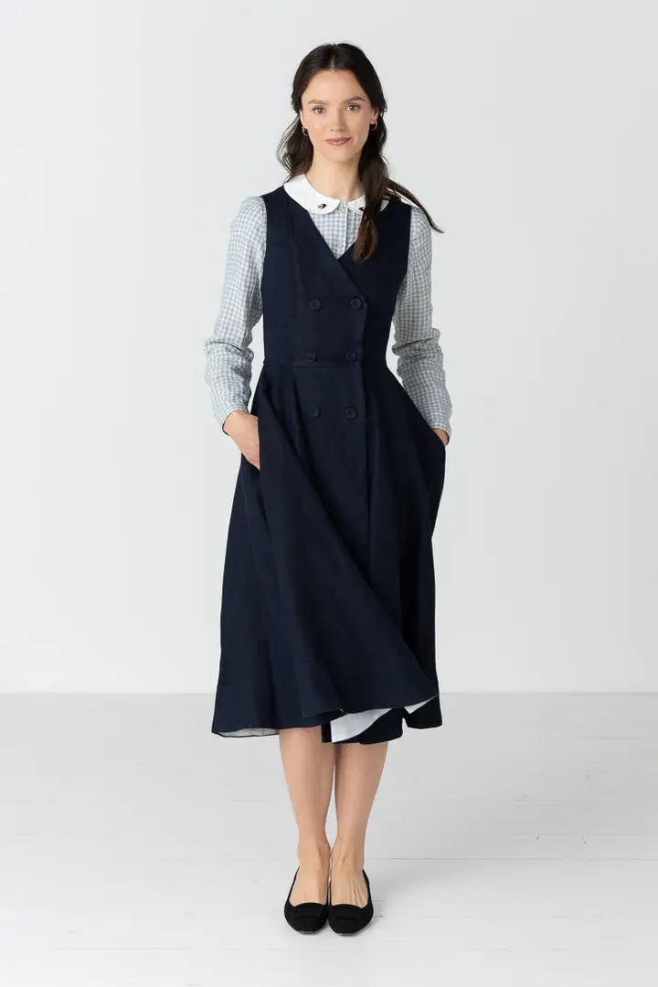 Rosa – Midi Linen Dress with Double-Button Front
