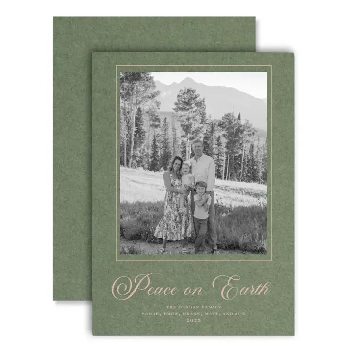 Classic "Peace on Earth" Portrait Foil Printed Photo Attached Holiday Card