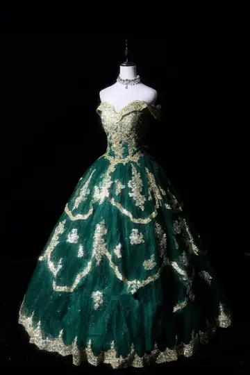 Dark green off-shoulder fitted waist slim-fitting ball gown with a full skirt R8686