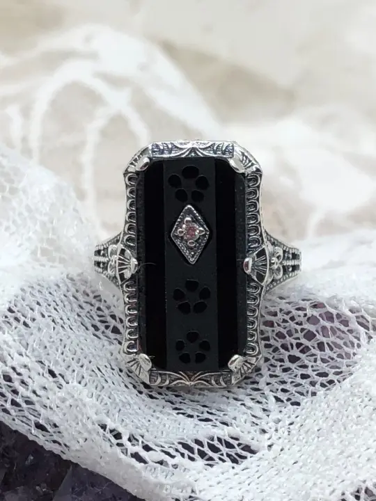 Black Camphor Glass Ring, Size 6, Vintage 1915 style, Edwardian Jewelry #D232 - Ready to Ship