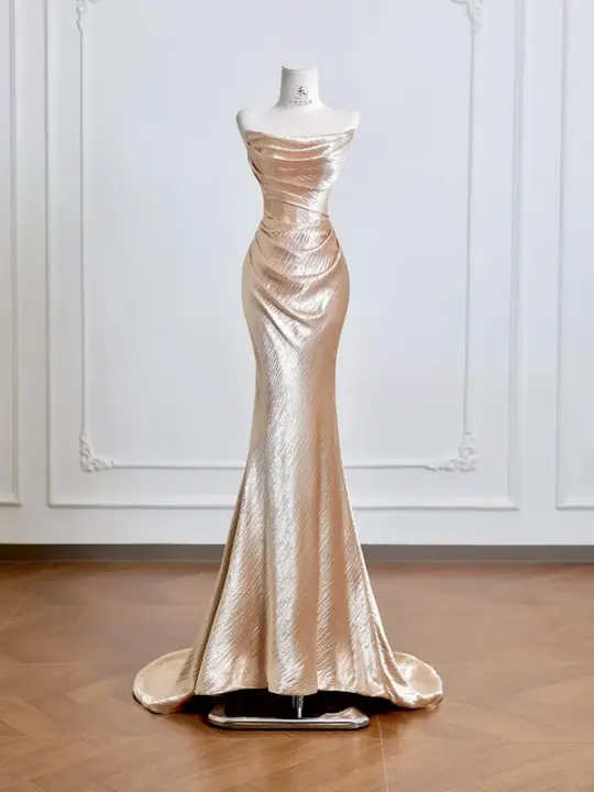 Rose gold strapless, fitted, bodycon, sexy long ball gown R8207
