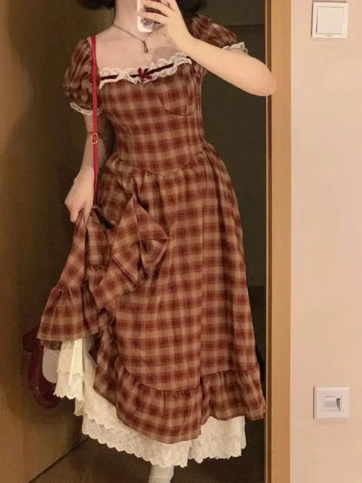 CottageCore Plaid Women's Prom Gown Brown Waist Fitted Maxi Evening Dress Party Dress — Fall Outfit 2026 New  RS3370