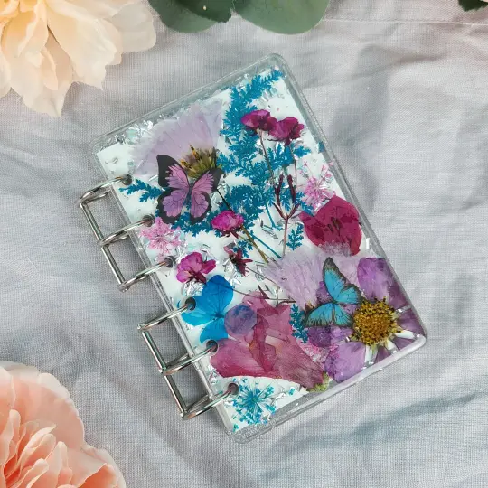 Handmade Refillable Pink & Blue A7 Flower Notebook | Butterfly floral Journal | Real Flower Sketchbook