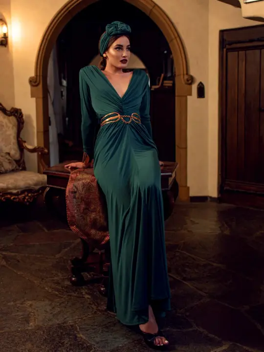 Art Deco Ruched Gown in Hunter Green