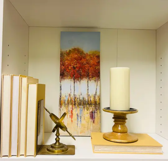 Autumn Leaves set-. Brass bookend, celestial sphere, candle, midcentury modern, fall art