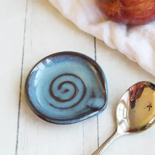 Rustic Small Swirly Blue Spoon Rest, Handcrafted Pottery Made in USA