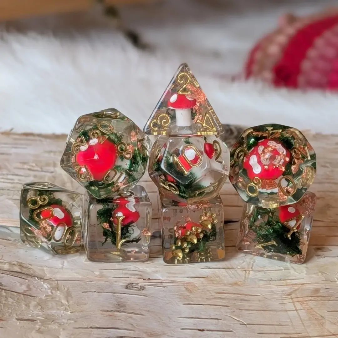 Amanita Mushrooms & Moss –  8-Piece Botanical Dice Set with Copper Foil and Gold Font | Fennek & Finch