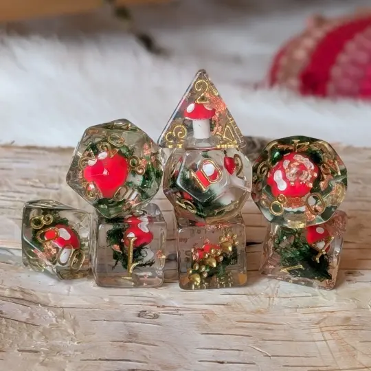 Amanita Mushrooms & Moss –  8-Piece Botanical Dice Set with Copper Foil and Gold Font | Fennek & Finch