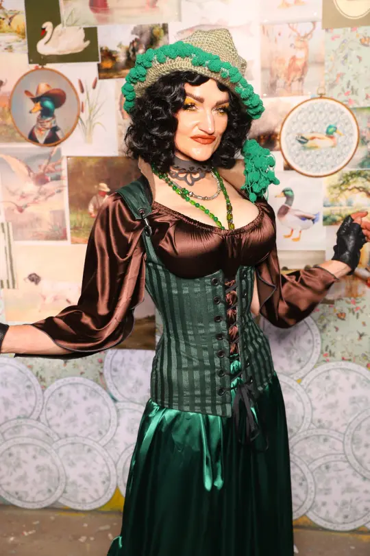 Vixen Underbust Corset w/collar in Thin Kale Matte & Satin Stripe -The Fowl Majesty Collection