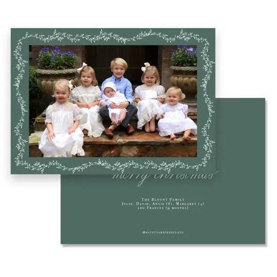 Forest and Pistachio Botanical Crest Monogram Border Landscape Holiday Card