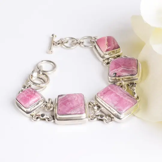 Rhodochrosite Squares Silver Bracelet