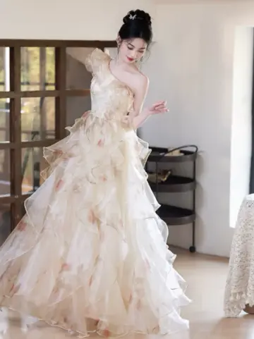 Tulle Pleated Floral Corset Prom Gown , Dreamy Women's Maxi Evening Dress Birthday Dress RS2164