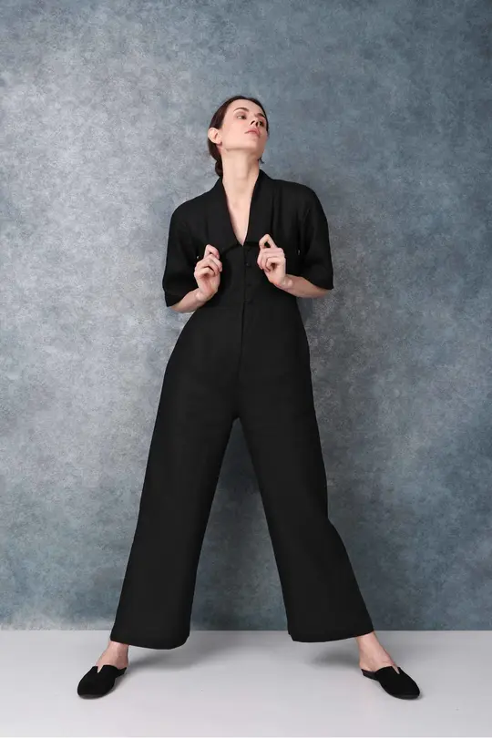 Bell Sleeved Darted Black Jumpsuit
