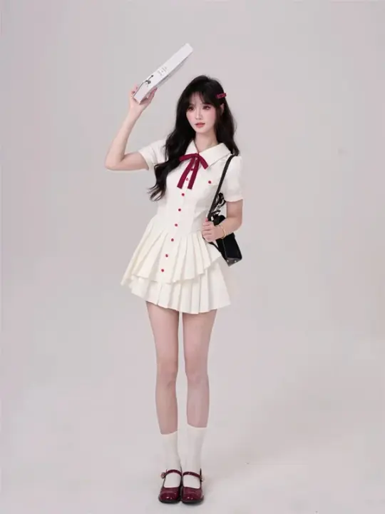 White short-sleeved slim waist irregular design pleated A-line short skirt homecoming dress R5267