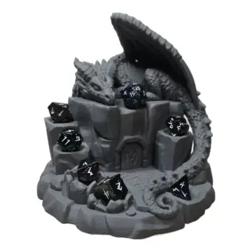 Unpainted 3D-printed sleeping dragon dice display holding a full seven-piece dice set, dice display for D&D, Pathfinder and wargaming
