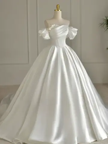 Puffy White A-Line Strapless Satin Hazy Corset Maxi Wedding Dress RS2063