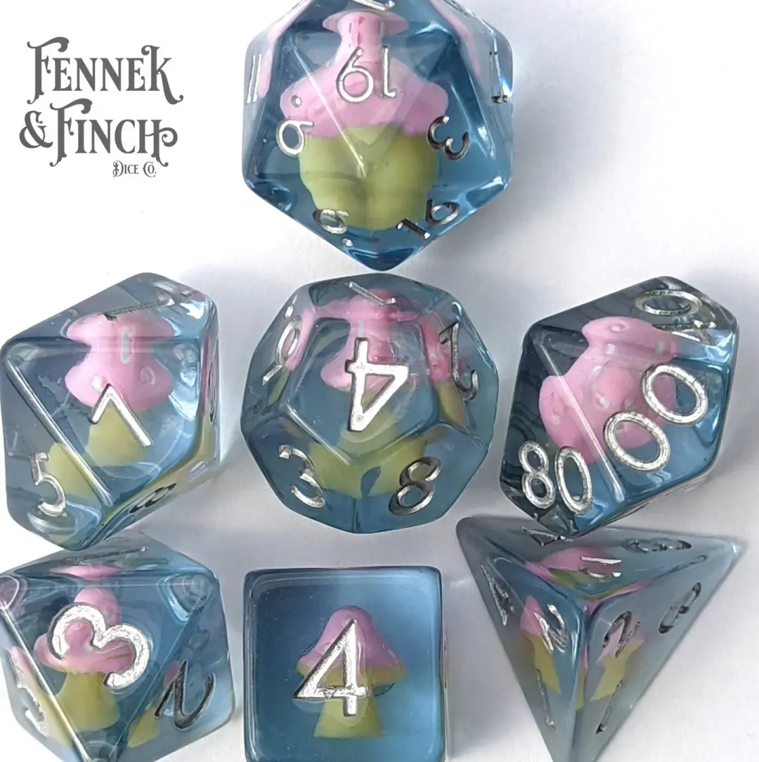 Mushroom Daydream Dice Set – 7-Piece Pink Amanita Clear Blue DnD Dice