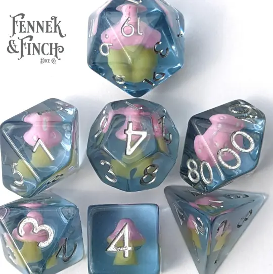 Mushroom Daydream Dice Set – 7-Piece Pink Amanita Clear Blue DnD Dice