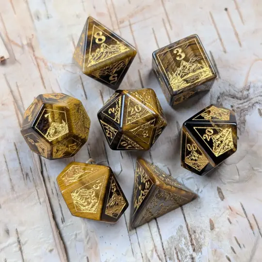 Everwild Tiger Eye Gemstone Dice – Forest & Mountain Etched 7-Piece Set | Fennek & Finch