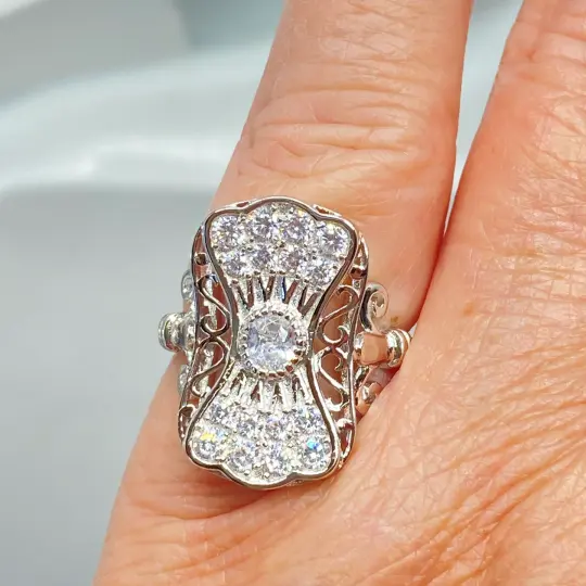 White CZ Ring, Size 6, Gatsby style, White-Gold plated Sterling Silver Jewelry D134 - Ready to Ship