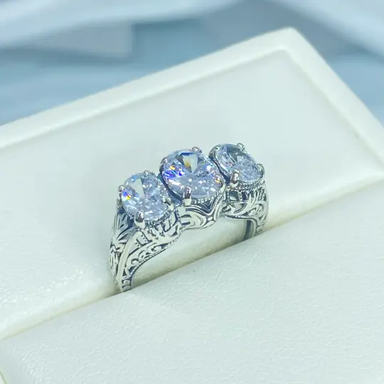 White CZ Ring, Size 6 Ring, 3 Gem Art Deco Jewelry Design#D41 - Ready to Ship
