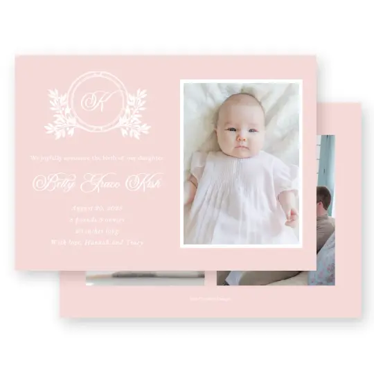 Girl's Pink Botanical Crest Landscape Birth Announcement