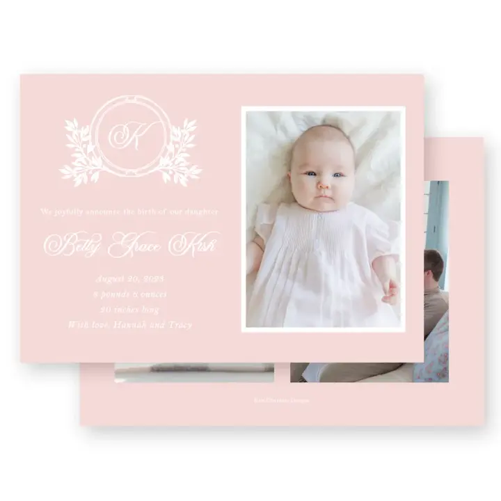 Girl's Pink Botanical Crest Landscape Birth Announcement