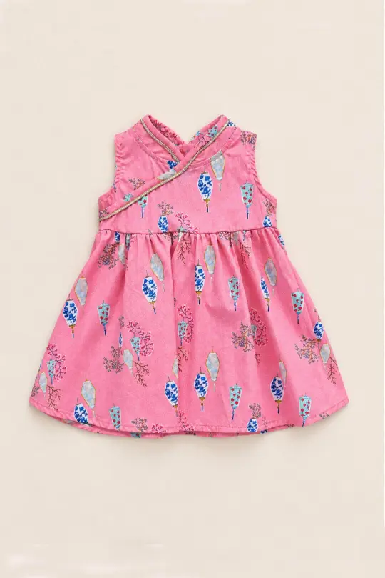 Flare Cheongsam - Pink Floral Lanterns
