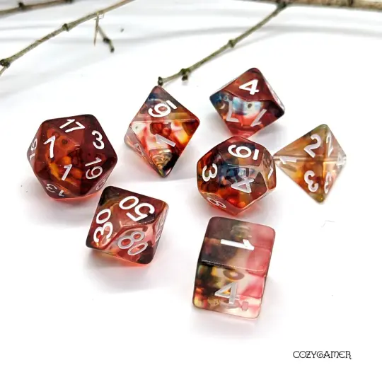 Sorcerer Magic Dice Set – 7-Piece Red Blue Swirling Ink DnD Dice
