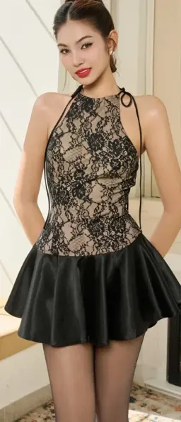 Black lace top slim fit satin mini skirt homecoming dress R4432