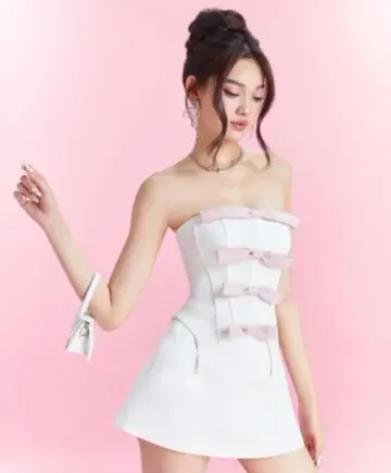 White tube top waist A-line short skirt dress suit homecoming dress R4883