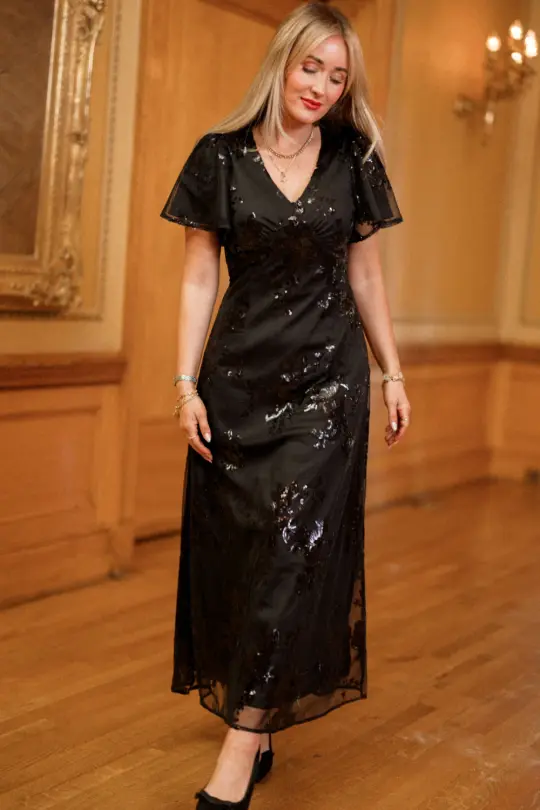 Fiona Dress in Obsidian Bloom Sequin