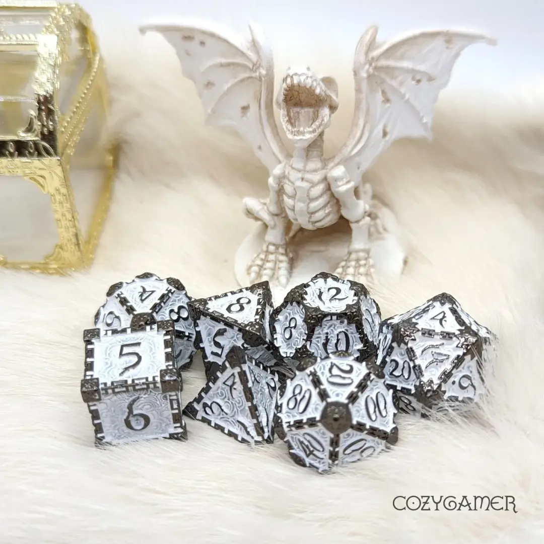 Cloud Dagger Metal Dice Set – 7-Piece Black White DnD Dice