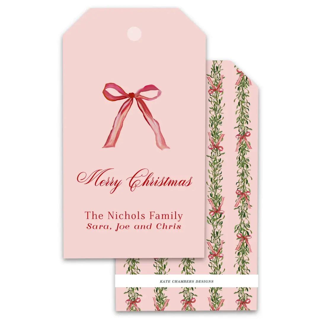 Pink and Red watercolor bow with garland Merry Christmas Holiday Gift Tag