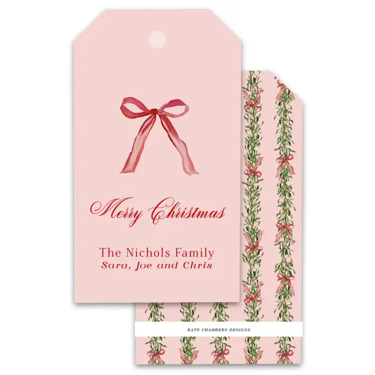 Pink and Red watercolor bow with garland Merry Christmas Holiday Gift Tag