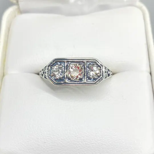 Natural White Topaz Ring, Size 9.5 Ring, Sterling Silver Lily Leaf Filigree, Edwardian Jewelry #D197 - Ready to Ship