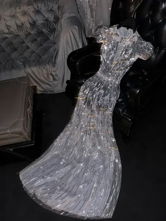 Silver sequined round neck fitted waist long ball gown, bridal dress R8785