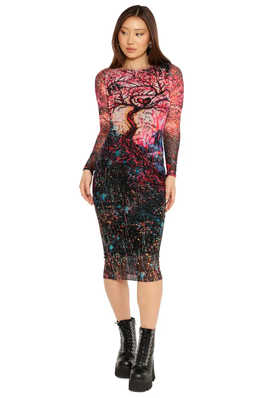 Love is Fuel Long Sleeve Mesh Bodycon Midi Dress