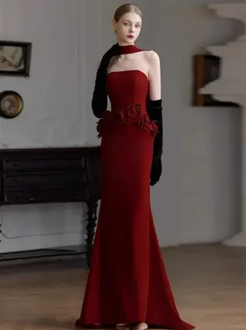Elegant Burgundy Prom Dress ,Mermaid Strapless Applique Bodycon Maxi Evening Dress RS1015
