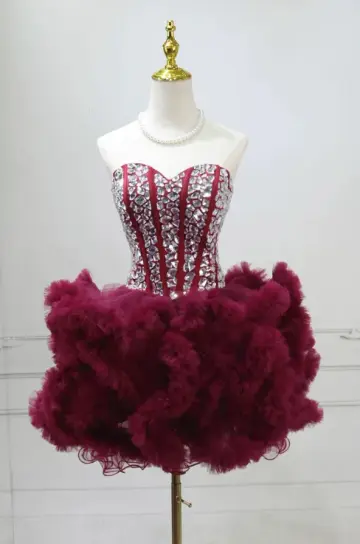 Niche Dusty Red Rhinestone A-Line Strapless Corset Mini Prom Dress Homecoming Dress RS428
