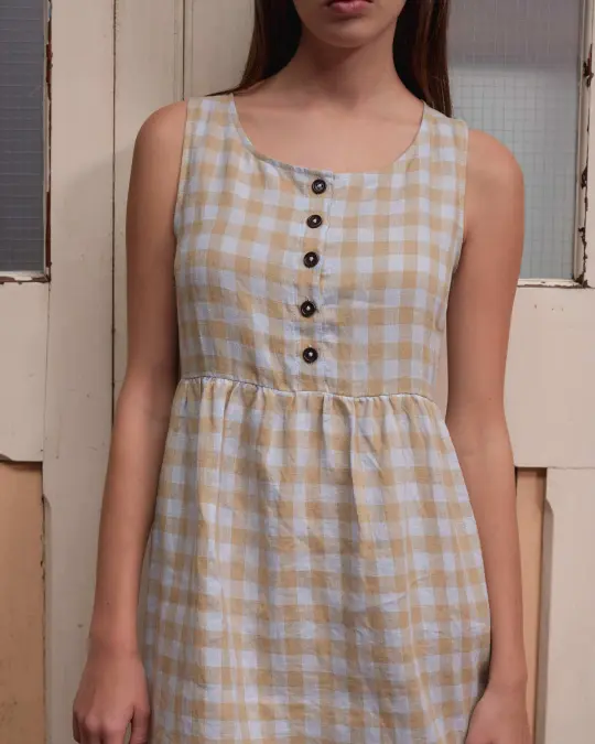 No.24 Sleeveless, button up Linen Dress in St. Agnes Check