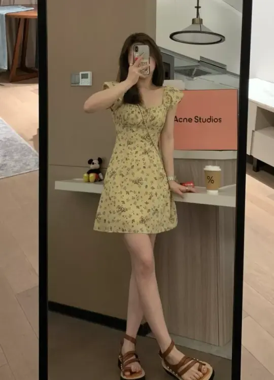 Dress long French style slim fit square collar flying sleeves A-line short skirt summer R2932