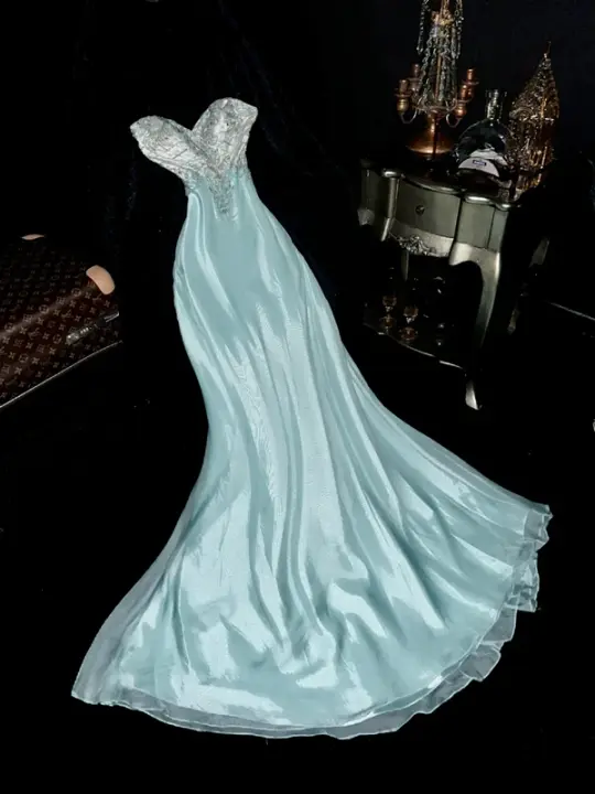 Light green beaded strapless fitted long ball gown R6923